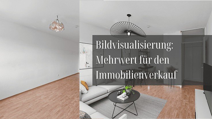 Leerer Raum eines 1 Zimmer Apartments geht in das Visualisierte Bild �ber das Einrichtungsgegenst�nde zeigt