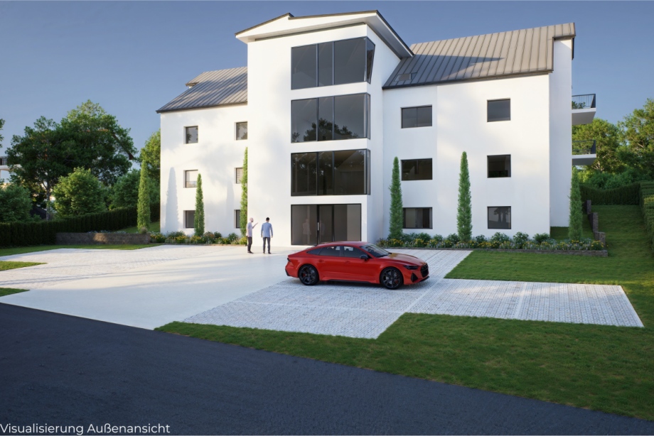 Visualisierung Eingangsbereich mit Parkplatz Etagenwohnung Bischberg